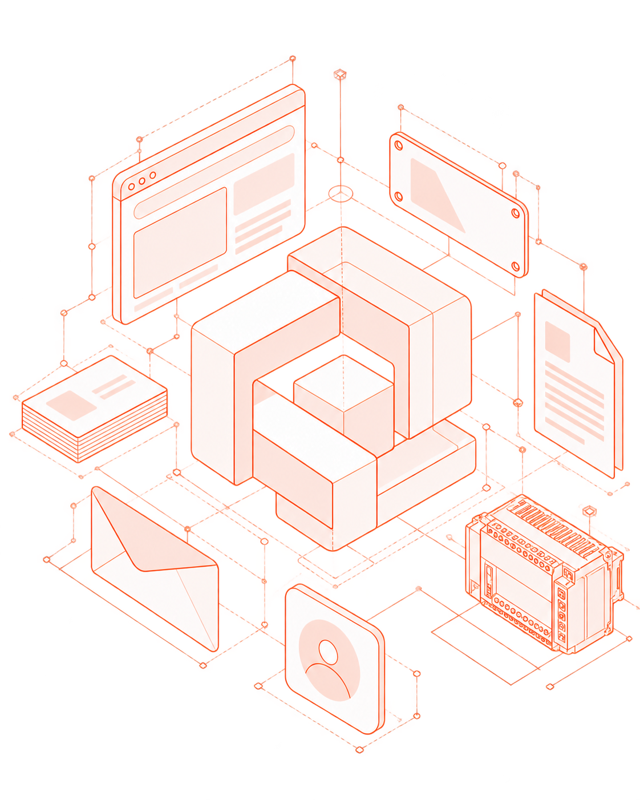 Illustration of a brand symbol applied to a card, website, document, and technical plate