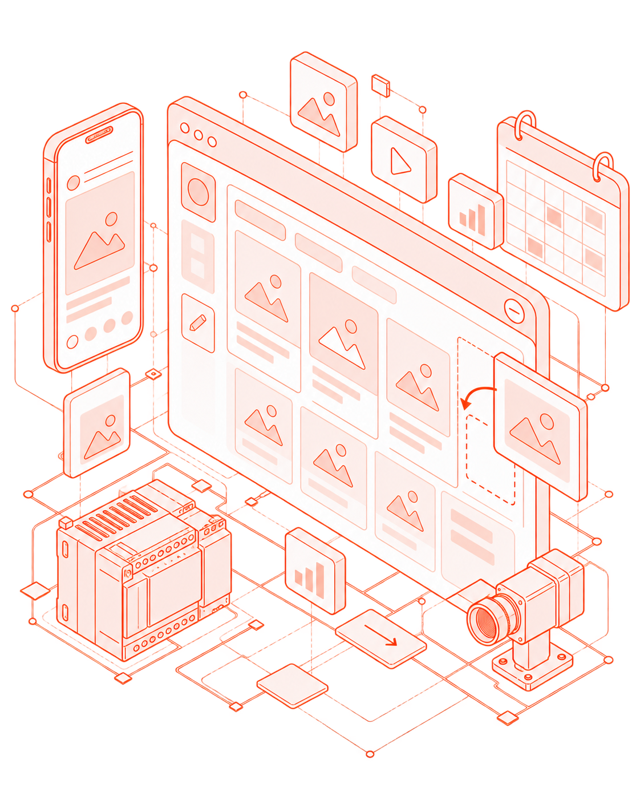 Illustration of a grid of organized posts next to a smartphone and a calendar