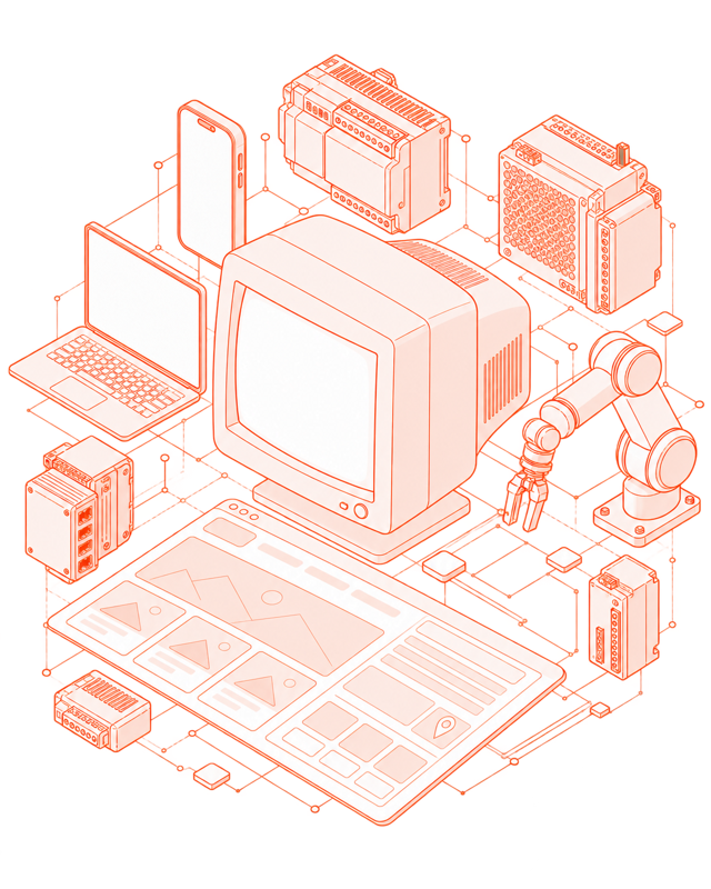 Illustration of an old monitor surrounded by modern industrial equipment